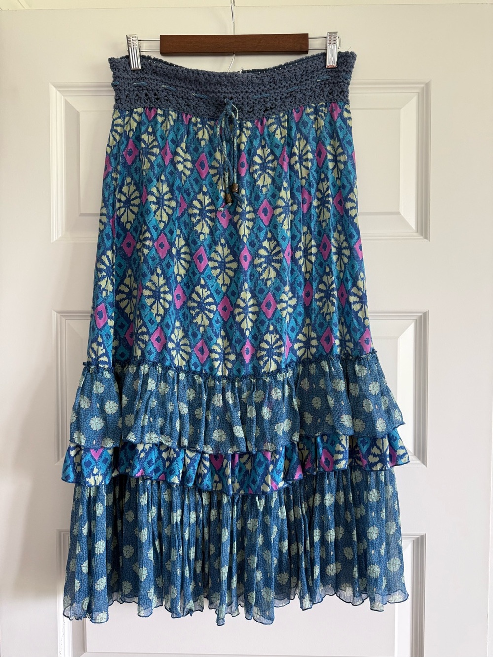 Free People Vintage 100% Silk Boho Ruffle Maxi Skirt | Size Medium